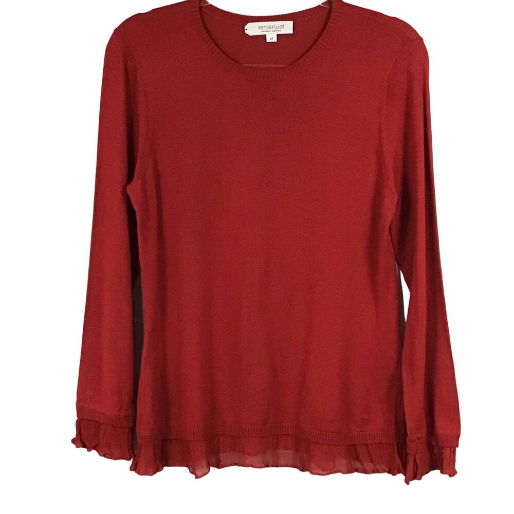 Emanuel Ungaro Silk True Red Crewneck Pullover Ruffle Hem Pullover Sweater sz M